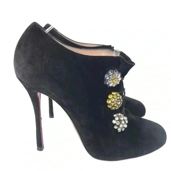 Christian Louboutin Bootini MJ 100mm Black Suede Crystal Button Ankle Boots 37 - Picture 13 of 16